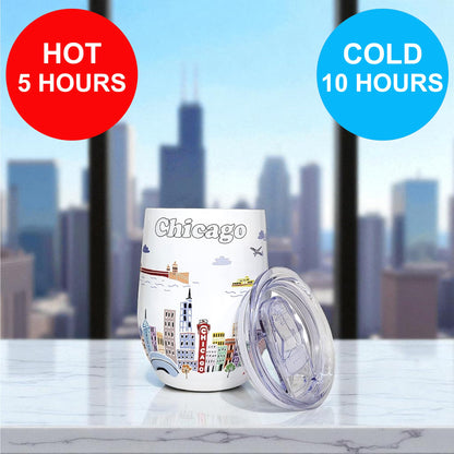 City Themed Artwork 12 Oz Tumbler Series - Designed in the USA - Vacuum Insulated Tumbler with Lids - Stainless Steel Wine Coffee Water Travel Mug, for Hot Cold Drink (Chicago)