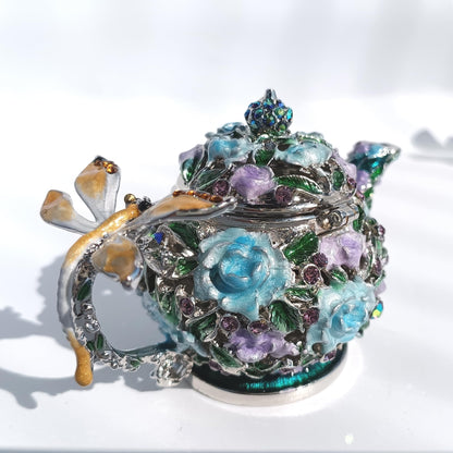 Enamel Teapot Trinket Box Hand-Painted Metal Vintage Jewelry Organizer Unique Ring Holder & Collectible Ornament Purple-Blue