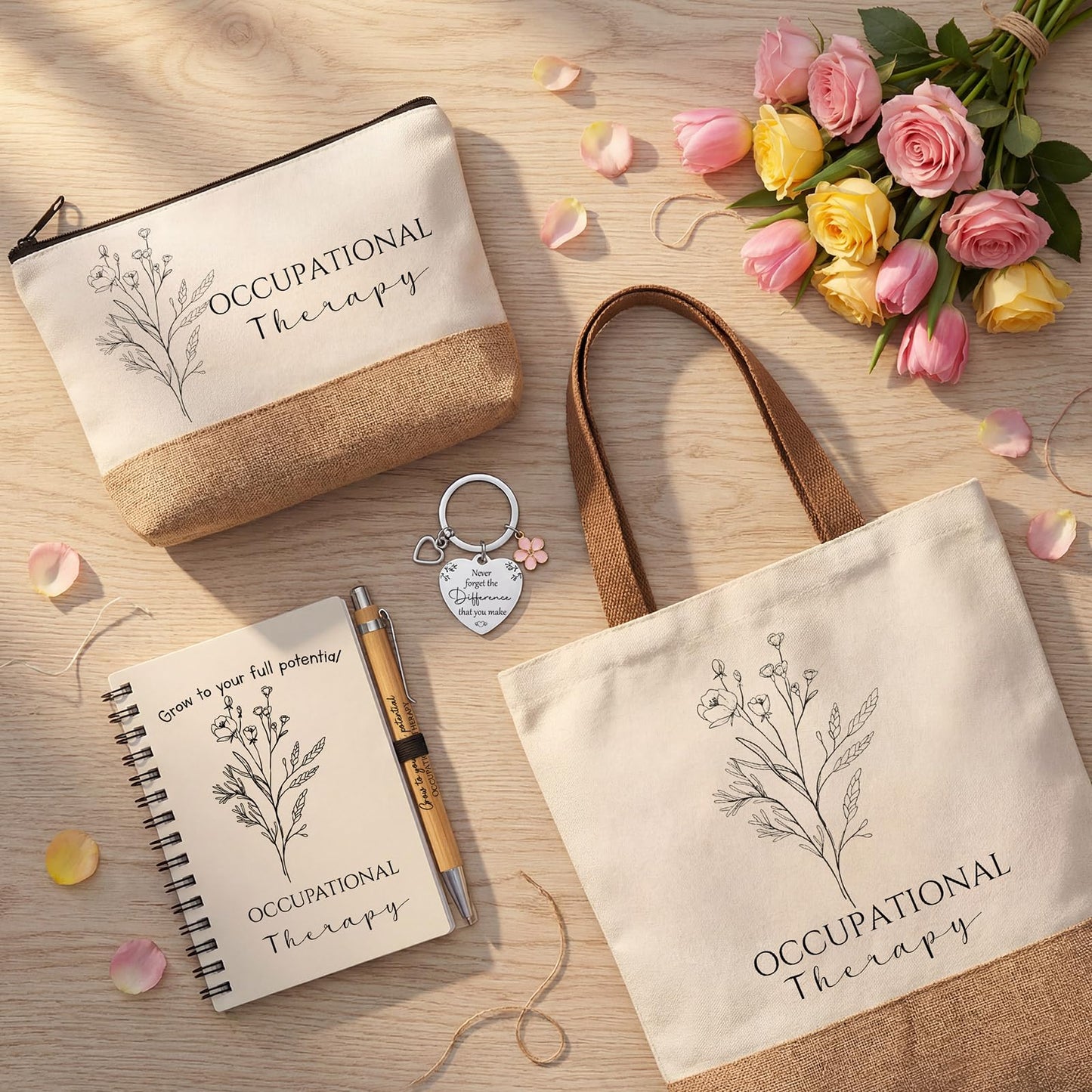 Suclain 7 Pcs Occupational Therapy Appreciation Gifts, Occupational Therapy Makeup Bag, Canvas Bag, Ceramic Mug, Spiral Notebook, Ballpoint Pen, Keychain, Appreciation Card for Women Office Gift