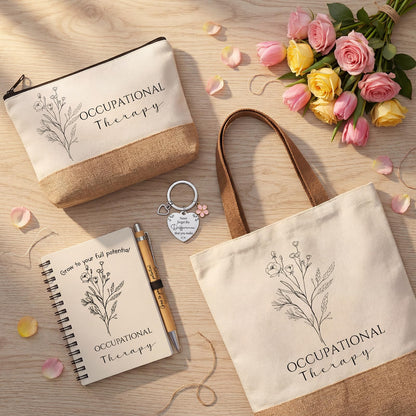 Suclain 7 Pcs Occupational Therapy Appreciation Gifts, Occupational Therapy Makeup Bag, Canvas Bag, Ceramic Mug, Spiral Notebook, Ballpoint Pen, Keychain, Appreciation Card for Women Office Gift