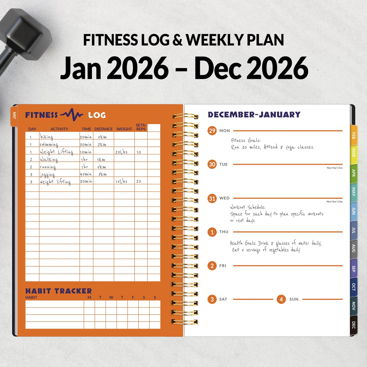 2026 Fitness Workout Journal Planner for Women & Men, JAN 2026 - DEC 2026 Exercise Planner, 6.4" x 8.3" Workout Calendar Journal Essentials Gift for Goals, Tracking, Gifts with PVC Plastic Cover,Black
