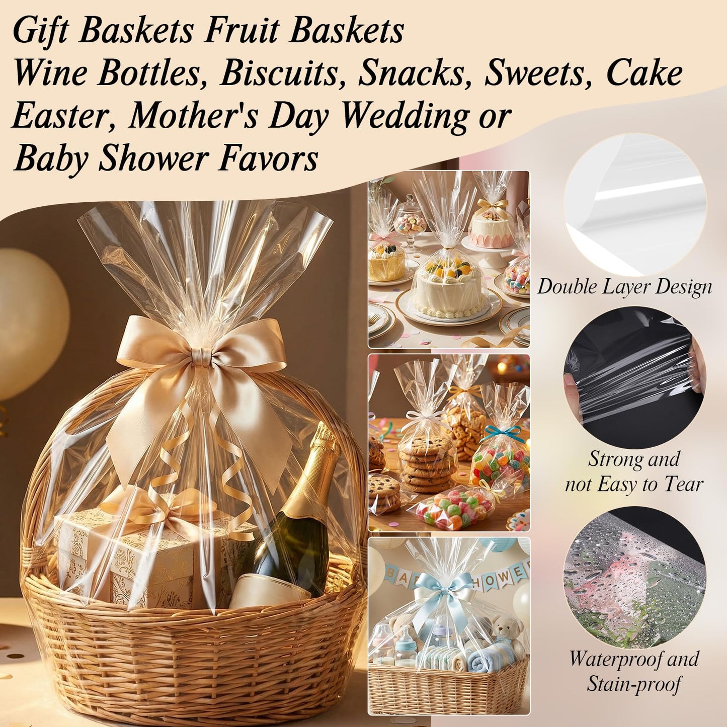 woric Cellophane Wrap for Gift Baskets 17”In X 82’ Ft Clear Cellophane Wrap Roll Gift Basket Wrapping Plastic for Graduation Gifts Baskets Treats Cookies Bouquets Birthday Wedding