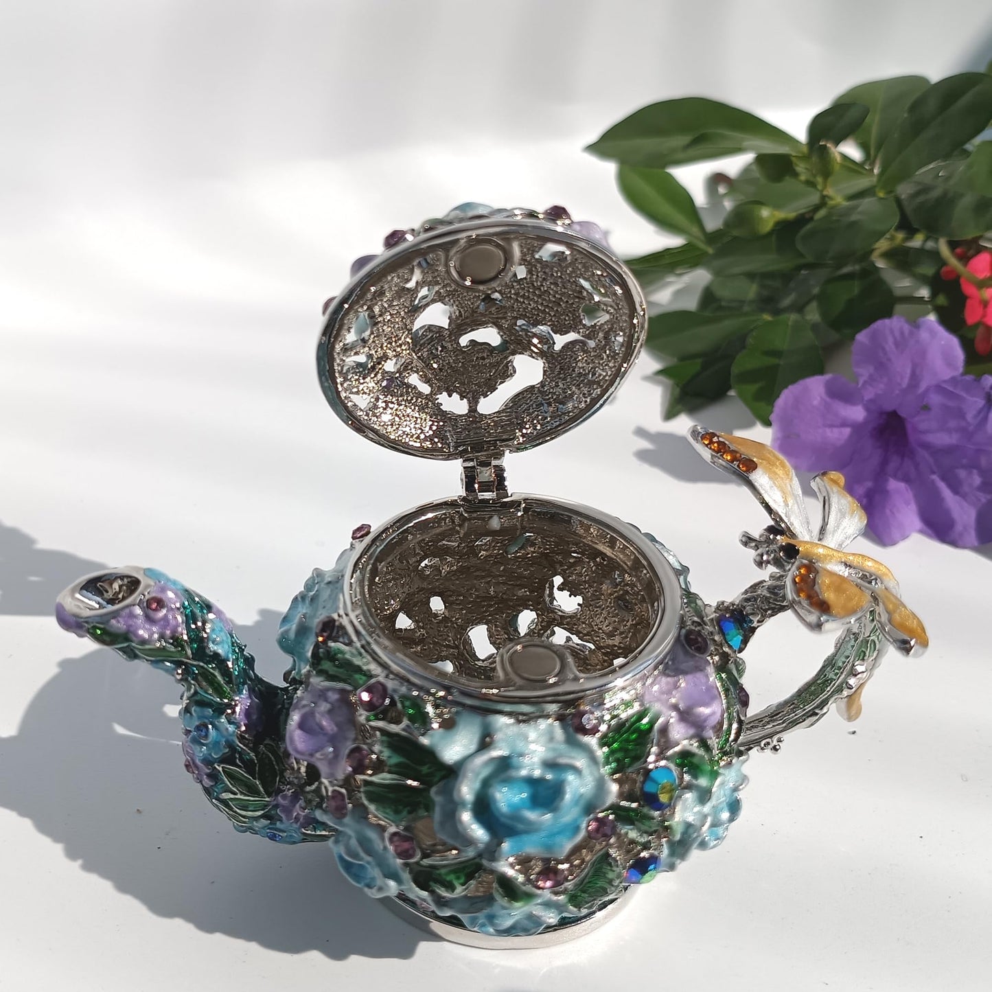 Enamel Teapot Trinket Box Hand-Painted Metal Vintage Jewelry Organizer Unique Ring Holder & Collectible Ornament Purple-Blue