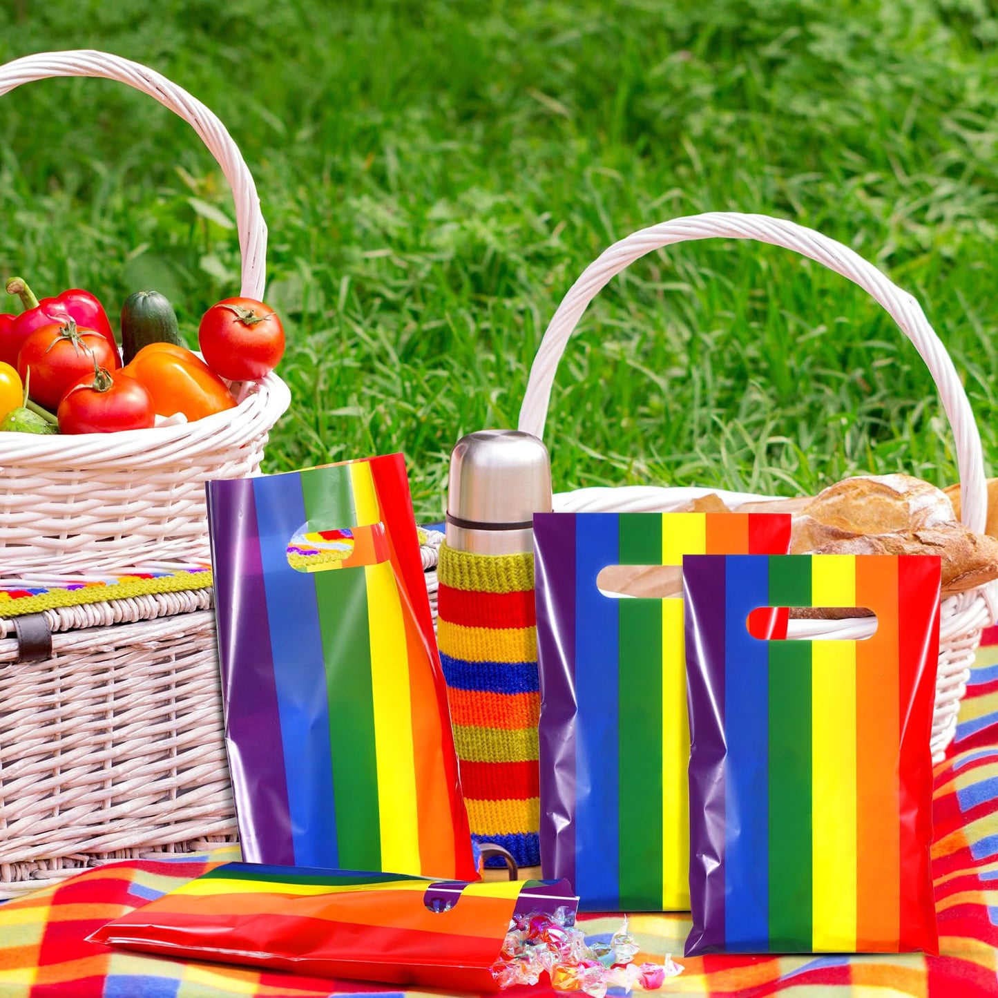 Engrowtic 100 Pcs Gay Pride Day Rainbow Gift Bags with Handle Lgbt Party Favor Reusable Rainbow Striped Plastic Snack Treat Goody Candy Bag for Summer Birthday Wedding Party Supplies 9.84'' x 6.5''