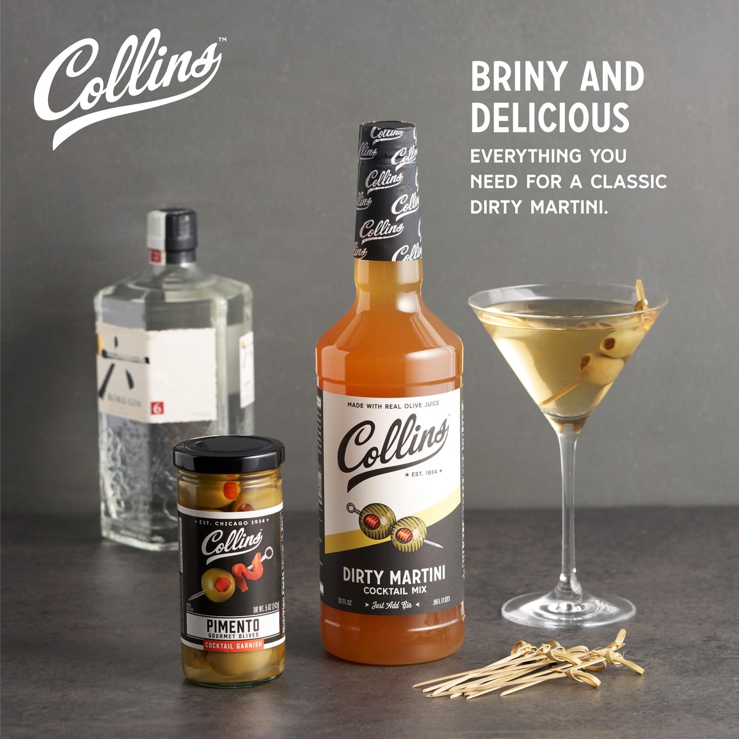 Collins Dirty Martini Kit, Gin Cocktail Mix, Stuffed Gourmet Olives, Drink Picks, Olive Brine Mixer, Home Bar Accessories, Home Bar Kit, Bartender Mixer, Drinking Gifts, Mixology Kit, Set of 3