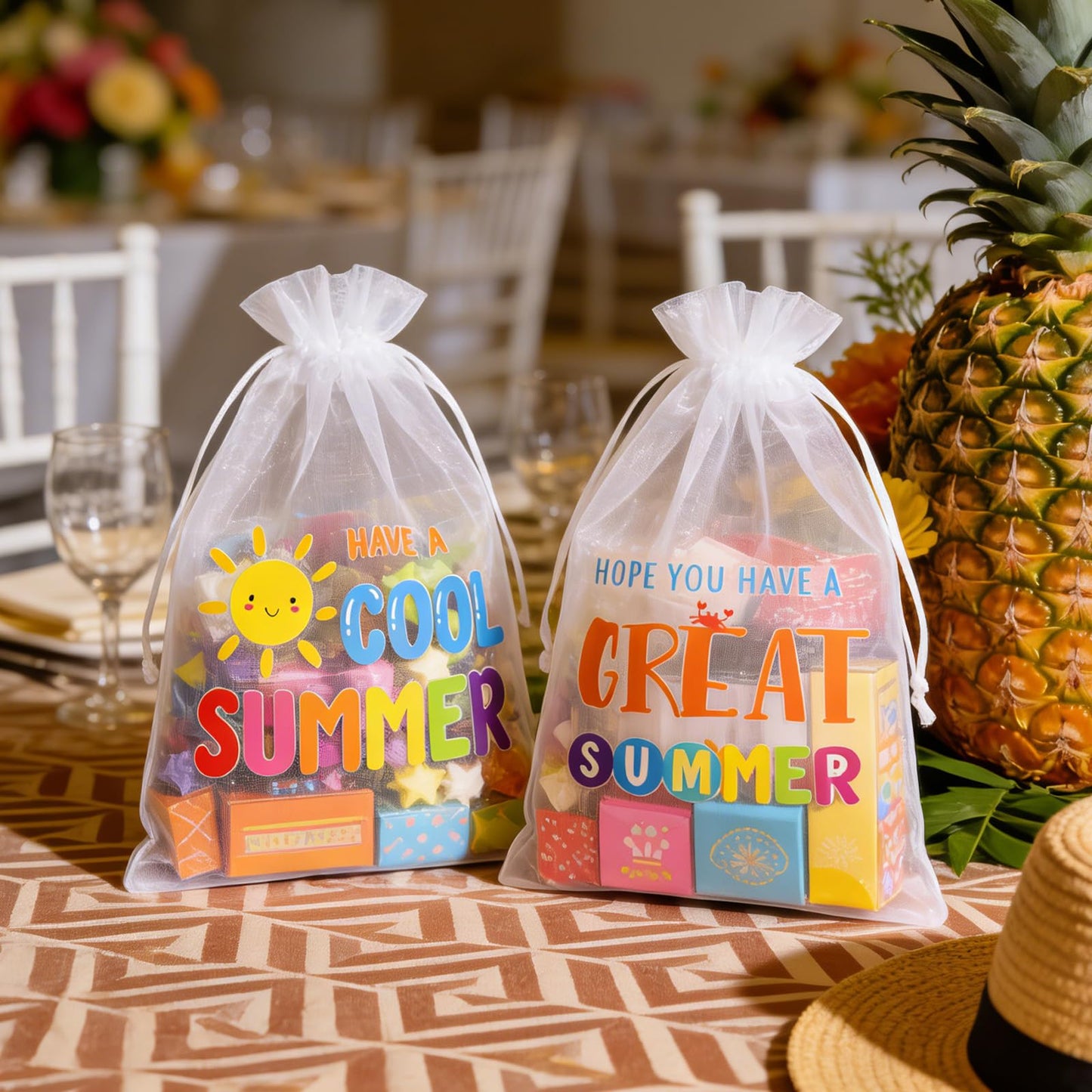 joycraft 30Pcs Summer Organza Bags - 4x6In End of School Year Drastring Gift Bags, 5 Style Have a Bright Summer Party Bags for Vacation, Graduation, Classroom, Office