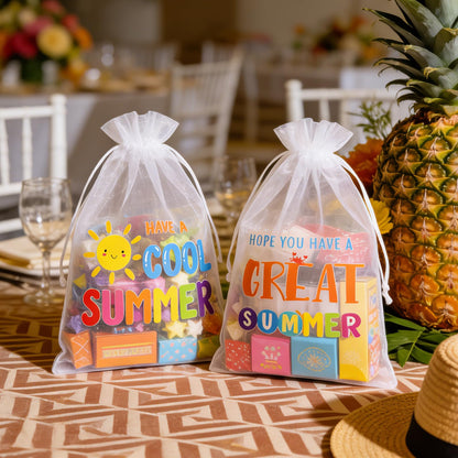 joycraft 30Pcs Summer Organza Bags - 4x6In End of School Year Drastring Gift Bags, 5 Style Have a Bright Summer Party Bags for Vacation, Graduation, Classroom, Office