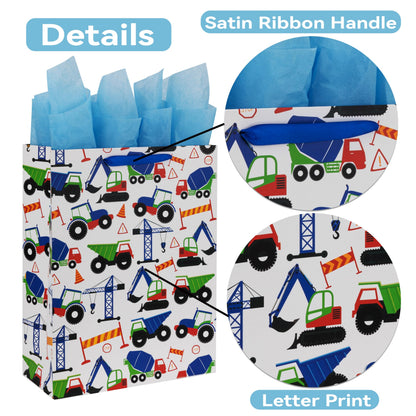 16.5" Extra Large Vehicle-themed Gift Bags Set with Greeting Card and Tissue Paper (Blue Car Design) for Boys, Kids Birthday Party, Baby boy, Baby Shower, Newborn, New Moms or Parents -10.2”x5.2”x13”,