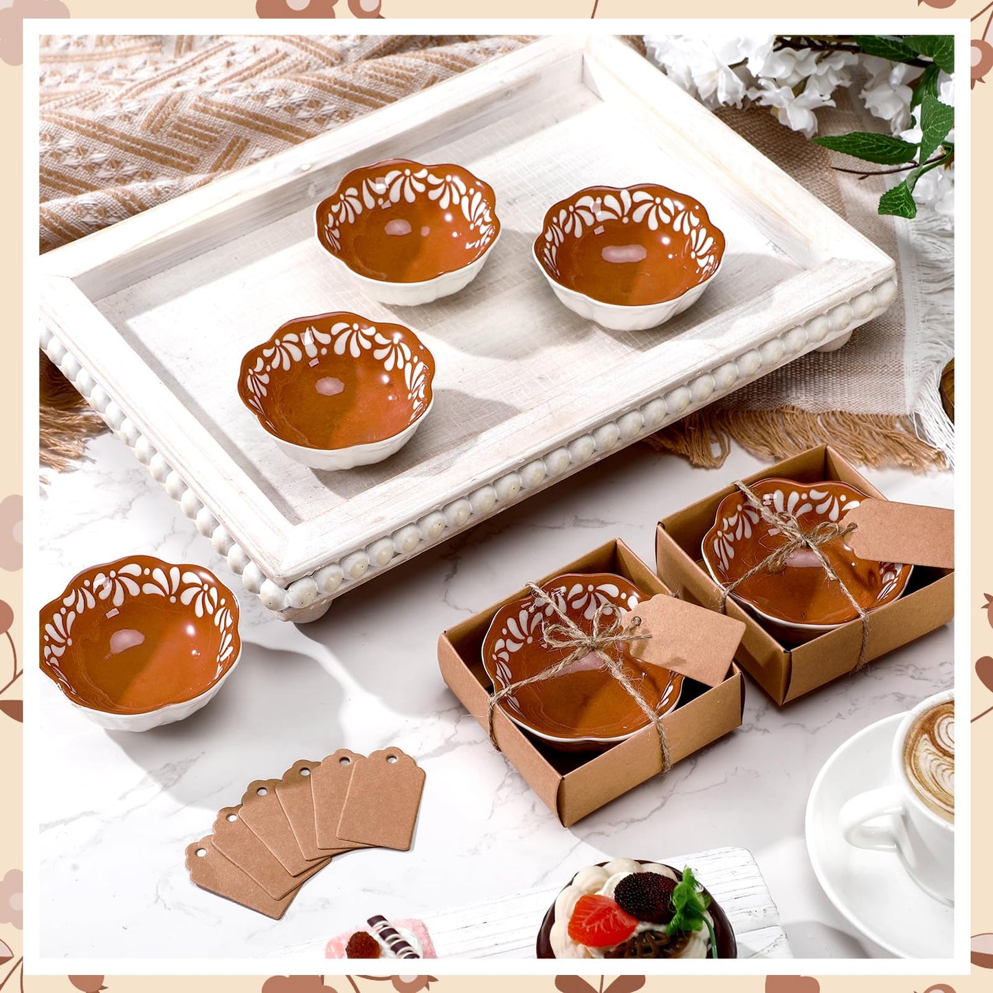 SiliFine 12 Pcs Ceramic Pinch Bowl 3.3 Inch Cielito Lindo Party Favors for Guests Small Mexicanos Ceramic Dipping Bowls Bulk Gifts with Cards for Party Shower Favor (Floar,Brown)