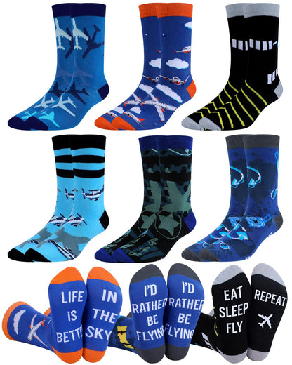 Halfchet 6 Pairs Novelty Airplane Crew Socks for Men Funny Plane Pilot Aviation Gifts for Father Day Dad Grandpa Gifts
