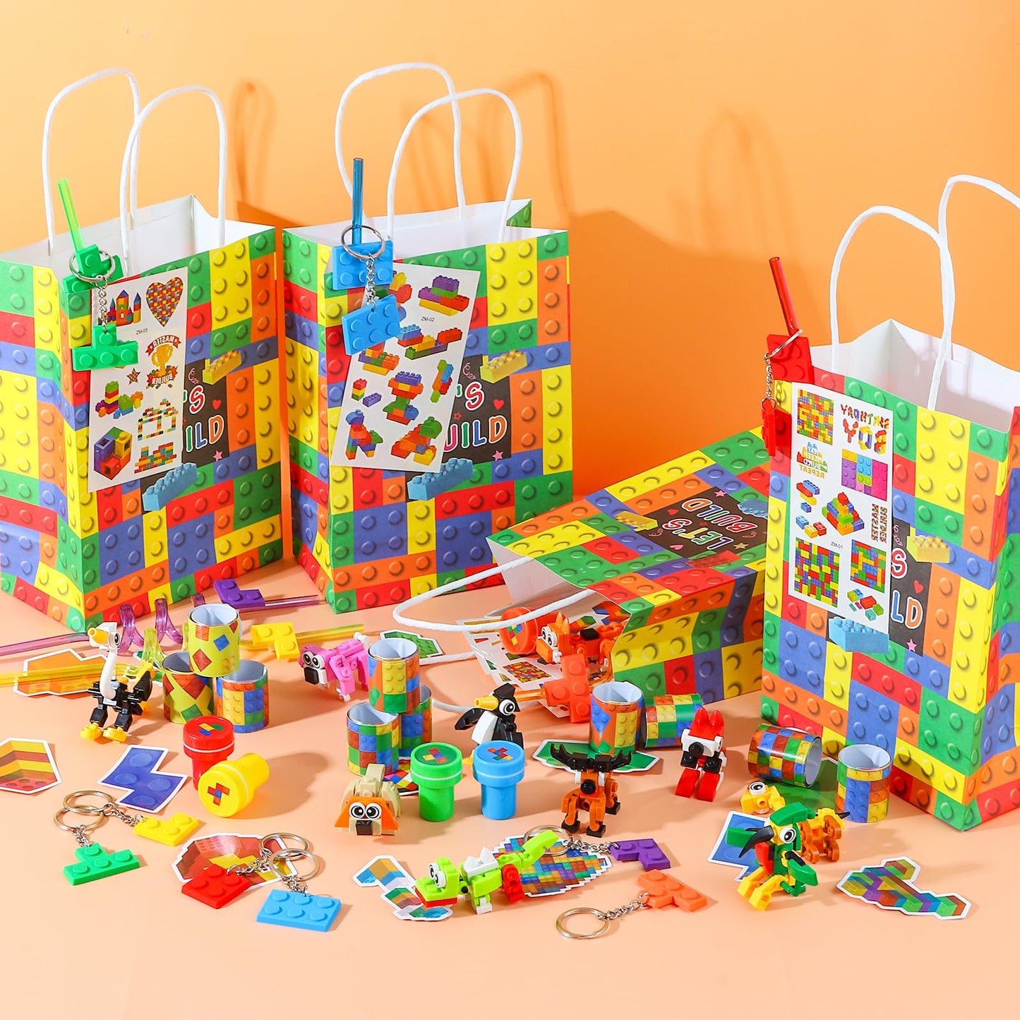 LiYiQ 134 Pcs Building Blocks Party Favors with Reusable Drinking Straws Animal Building Blocks Slap Bracelets Keychains Stamps Stickers and Gift Bags Gamer Birthday Party Supplies (Building)