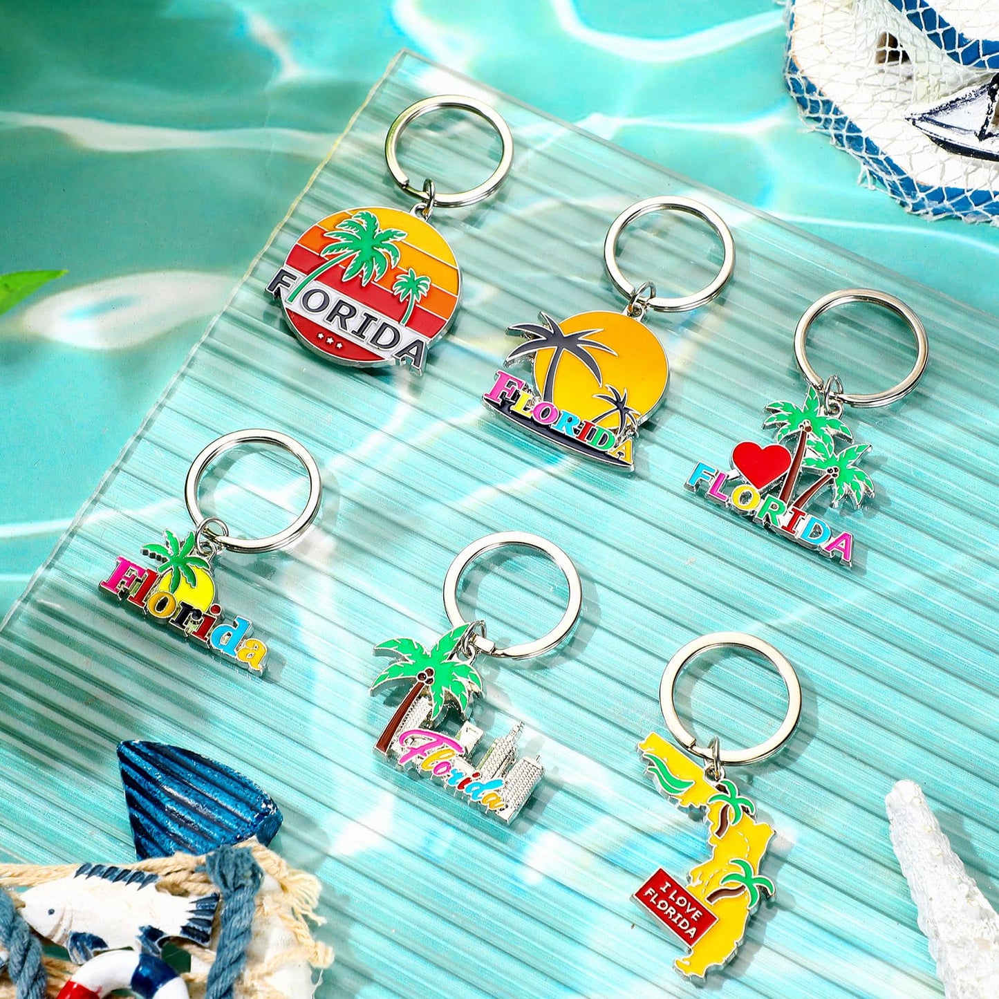 Landical 6 Sets Florida Souvenir Gifts Include 6 Pcs Florida Cosmetic Bag and 6 Pcs Metal Keychain for Women Traveler Christmas Party Gifts
