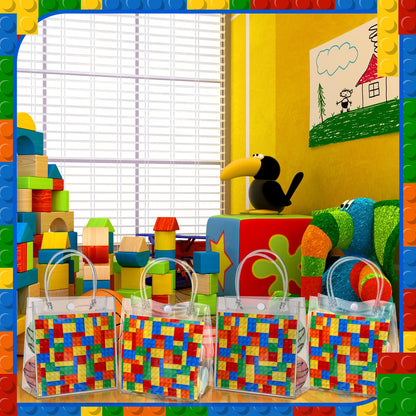 Teenyyou 24 Pcs Building Blocks Party Favors Bags Color Bricks PVC Clear Goodie Candy Treat Tote Gift Bags with Handles Building Blocks Theme Birthday Baby Shower Party Supplies
