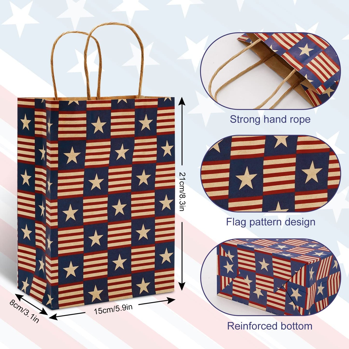 AnyDesign 16Pcs Patriotic 4th of July Paper Gift bags with Handle American Flag Star Stripe Party Favor Bags Candy Goodie Treat Bag for 250th Anniversary Independence Day, 5.9 x 8.3 x 3.1 In