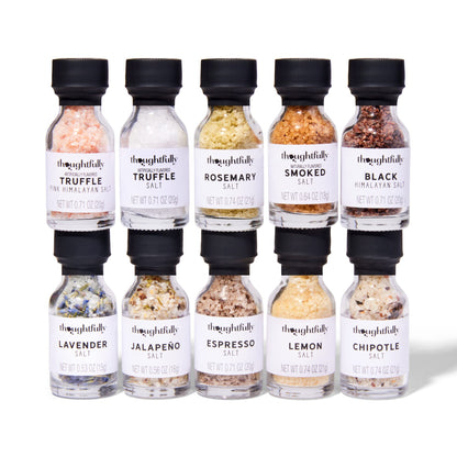 Thoughtfully Gourmet, Gourmet Cooking Salt Sampler Gift Set, Gourmet Seasoning Salts In Glass Bottles, Flavors Include Smoked, Lavender, Rosemary, Truffle, Lemon, Chipotle and More, Set of 10