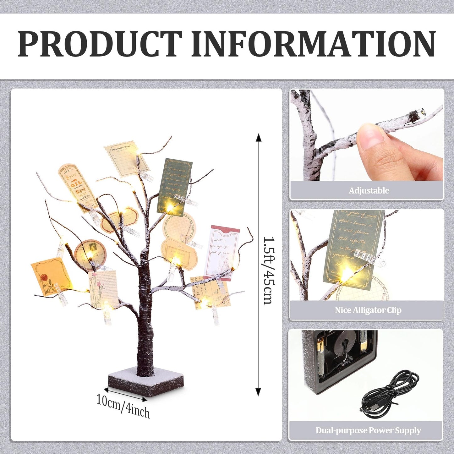 Coume Money Tree Gift Card Holder 1.5 ft Tabletop Display Tree with 72 LED Lights 15 Clear Clips Silver Display Birch Twig for Money Wedding Card Photo Birthday