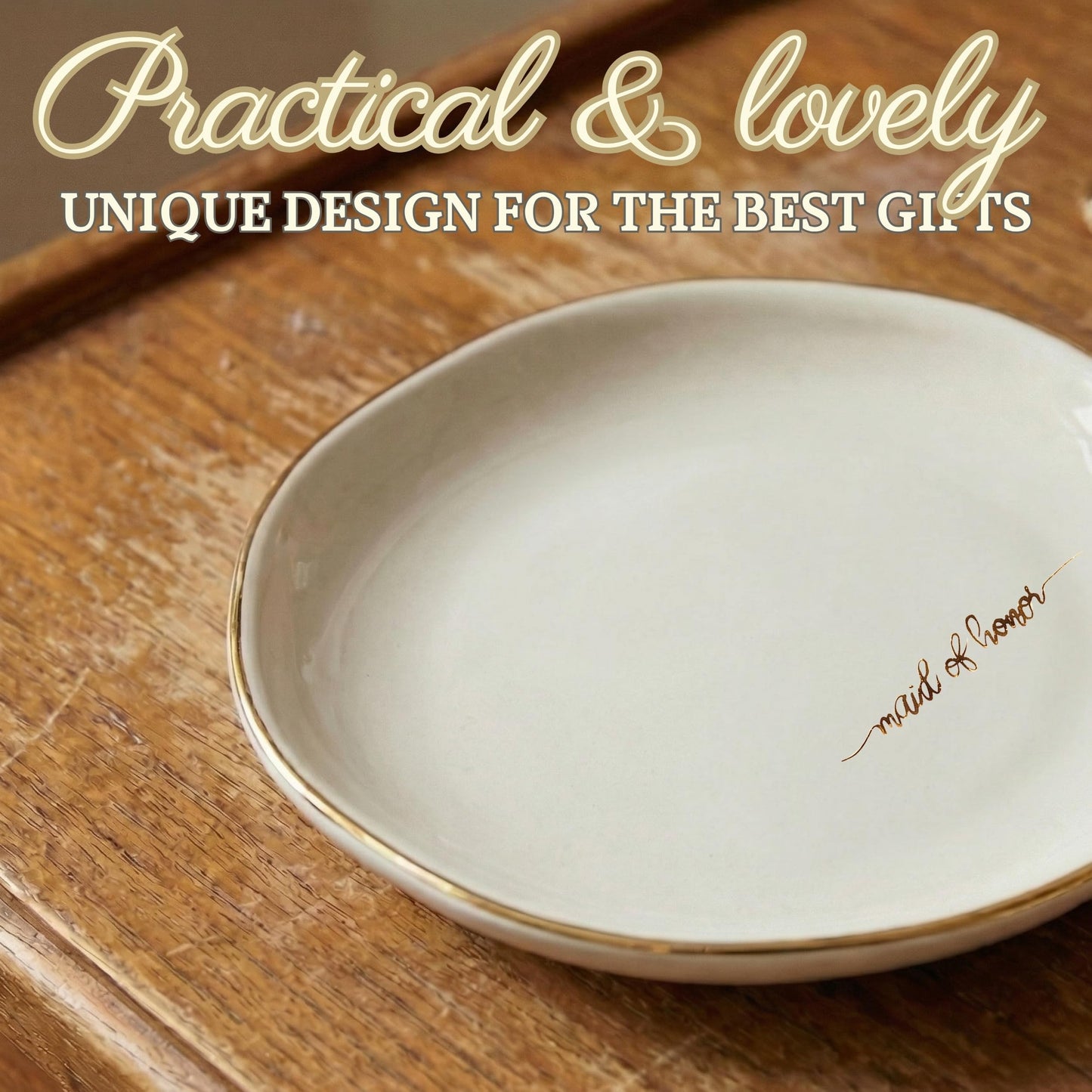 InnoBeta Bridesmaid Gifts for Women, Maid of Honor Gifts for Women Ceramic Jewelry Tray, Decorative Trinket Dish for Rings Earrings Necklaces for Women, 4.75", White Surface Gold