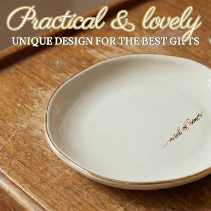 InnoBeta Bridesmaid Gifts for Women, Maid of Honor Gifts for Women Ceramic Jewelry Tray, Decorative Trinket Dish for Rings Earrings Necklaces for Women, 4.75", White Surface Gold