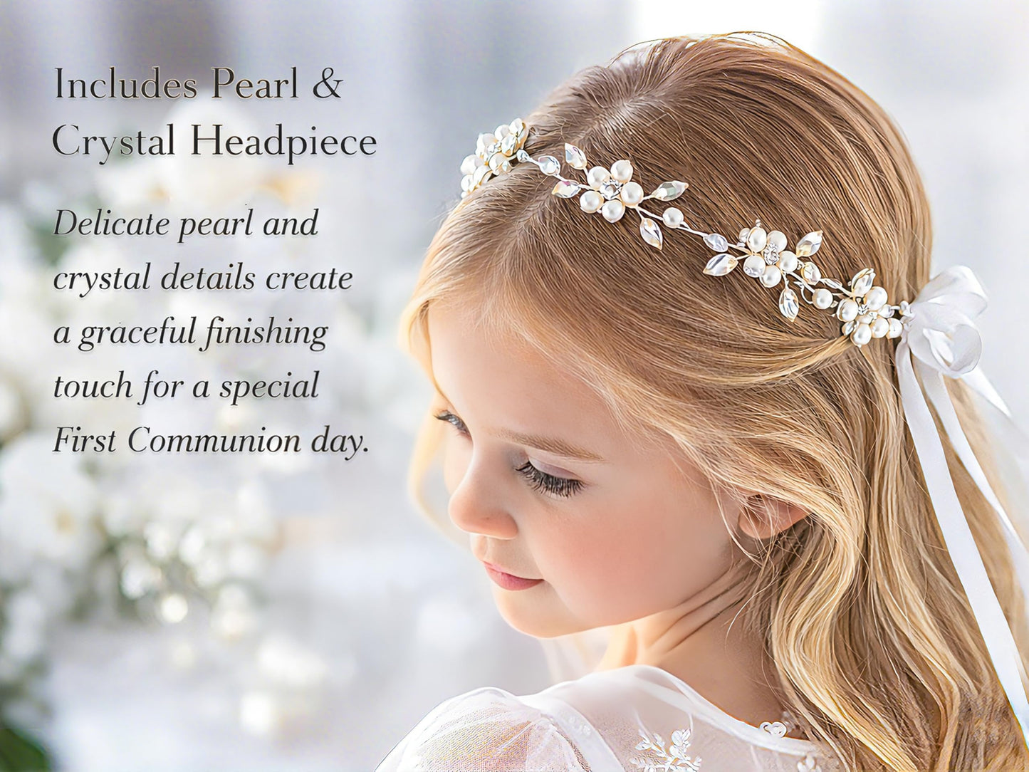 First Communion Gifts for Girls- First Holy Girl Figurine with Keepsake Box & Flower Girl Headpiece & Cross Necklace & Cross Bracelet Included, 1st Communion Gifts for Girls