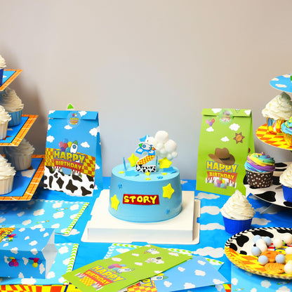 CHENRINDECO 32Pcs Cartoon Story Theme Gift Paper Bags with Stickers, Blue Sky White Clouds Small Rocket Party Candy Bags, Suitable for Cartoon Party Supplies