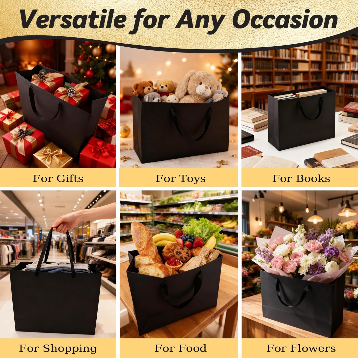 Addblu 5 Pack Large Black Gift Bags with Handles - Includes 10 Tissue Papers, 12.6x8.7x4 Inches for Men Birthday Party, Wedding, Bridesmaid, Groomsmen, Shopping Business, Christmas (Black Medium - 5Pcs)