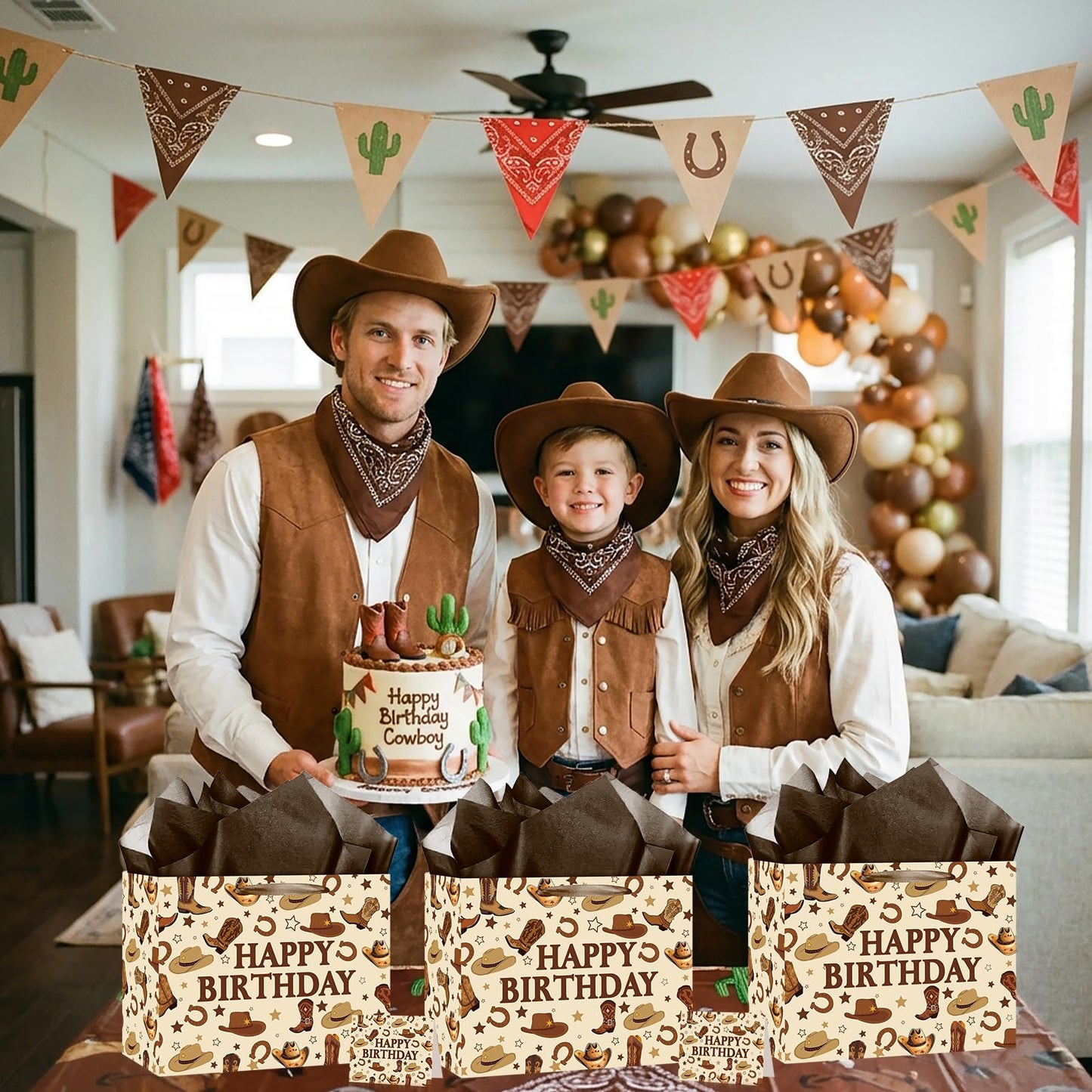 TagreSpike Western Cowboy Birthday Gift Bag for Boys Men Rustic Rodeo Gift Wrapping Bag with Dark Brown Tissue Paper & Card - Country Farm Theme Party Supplies Presents for Kids Son My First Rodeo