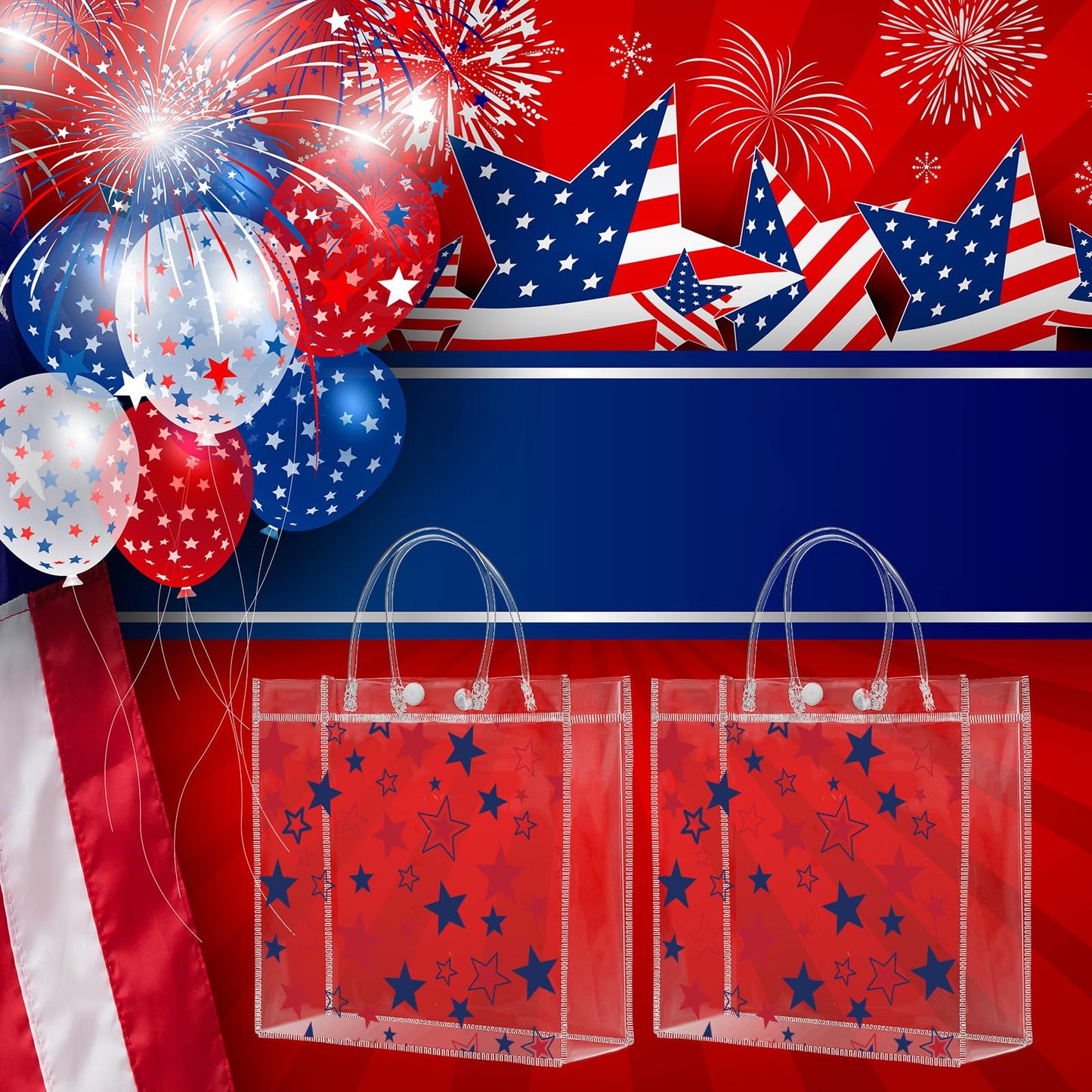 Kosiz 24 Pcs Patriotic Gift Bags Patriotic Party Favors Red White Blue American Star Clear PVC Gift Bags, Memorial Day Independence Day 4th of July with Handle for USA Party Supplies