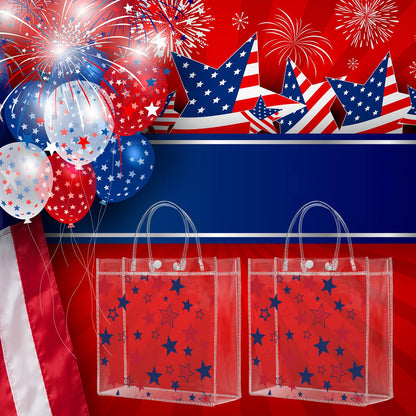 Kosiz 24 Pcs Patriotic Gift Bags Patriotic Party Favors Red White Blue American Star Clear PVC Gift Bags, Memorial Day Independence Day 4th of July with Handle for USA Party Supplies