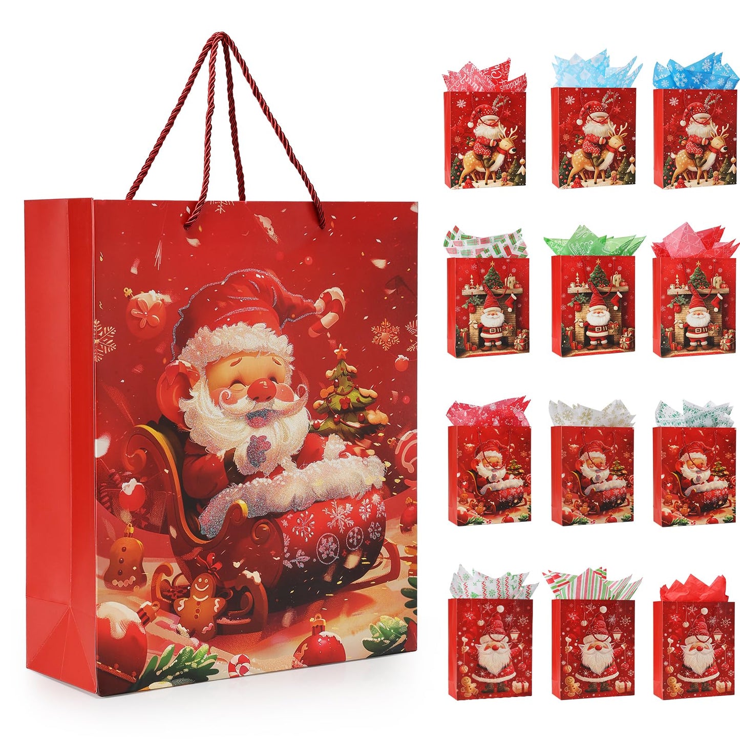 Rusikia 12 Christmas Gift Bags with 12 Tissues and 1 Satin Ribbon, Red Party Favor Bags Bulk with Handles, Glittery Cute Tree Father Christmas Paper Bag for Wrapping Holiday (Large 16"x12"x5")