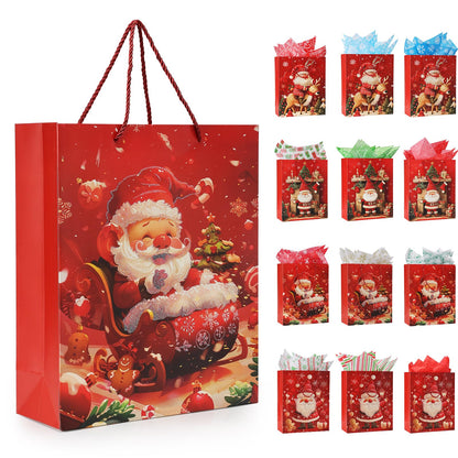 Rusikia 12 Christmas Gift Bags with 12 Tissues and 1 Satin Ribbon, Red Party Favor Bags Bulk with Handles, Glittery Cute Tree Father Christmas Paper Bag for Wrapping Holiday (Large 16"x12"x5")