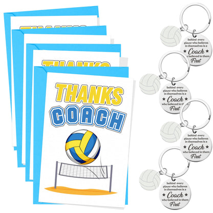 WATINC Coach Appreciation Gift Bulk - Thank You Volleyball Coach Gifts with 4 Thanks Card, Envelope, Keychain Set for Women Men, Thanks Volleyball Sports Teacher Greeting Cards for Farewell Birthday