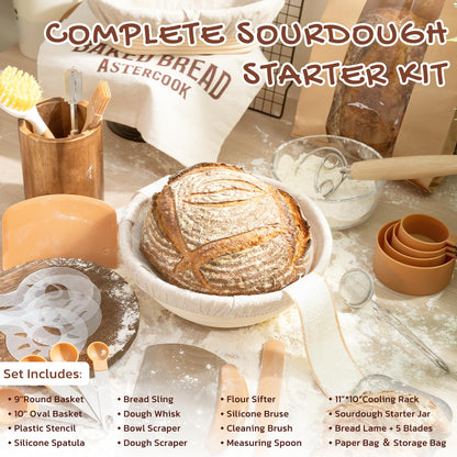 Astercook Sourdough Starter Kit with Round & Oval Banneton Bread Proofing Basket, Bread Sling, Starter Jar, Dough Whisk, Scrapers, Stencils, Complete Sourdough Bread Baking Supplies, Mothers Day Gifts
