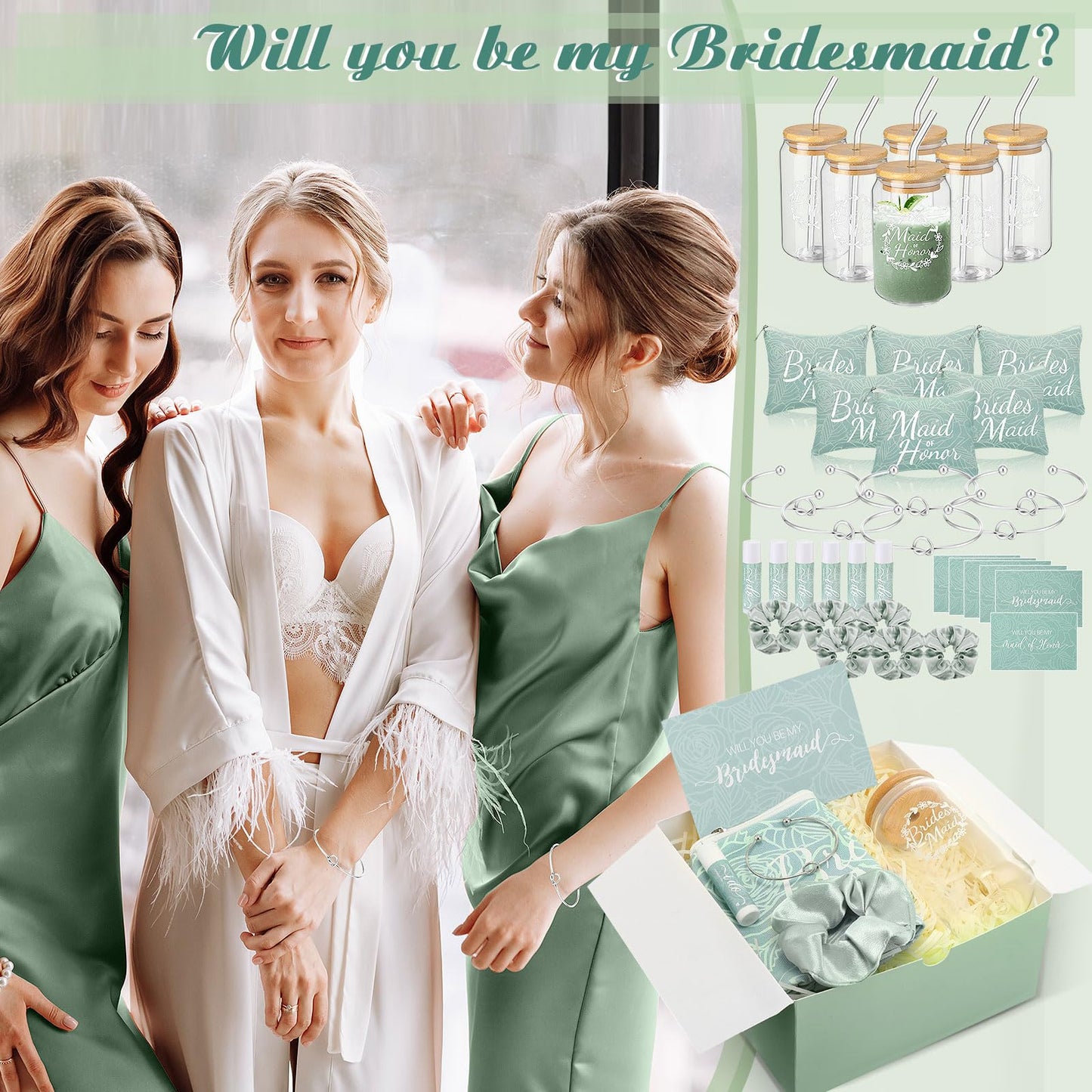 FillTouch 54 Pcs Bridesmaid Proposal Gifts, Will You Be My Bridesmaid, Maid of Honor Bride Gifts Include Gift Box Makeup Bag Invited Card Glass Cup Lip Balm Scrunchie Knotted Bracelet(Green)
