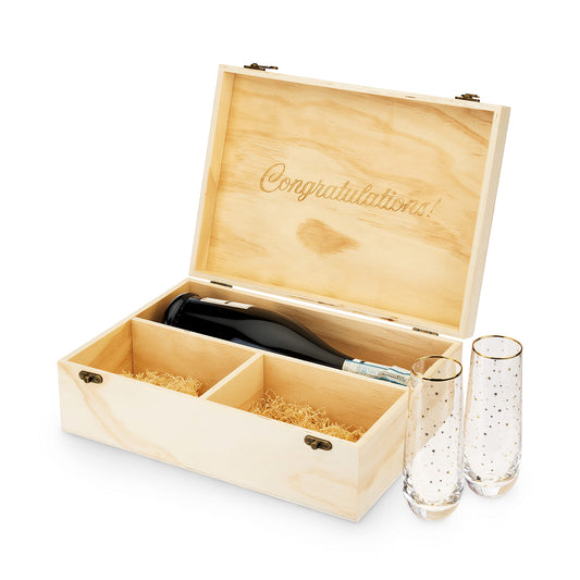 Twine Champagne Bottle Gift Box, Wine Box with Lid and 2 Stemless Flutes, Packing Straw, Holds 1 Champagne Bottle, Wood