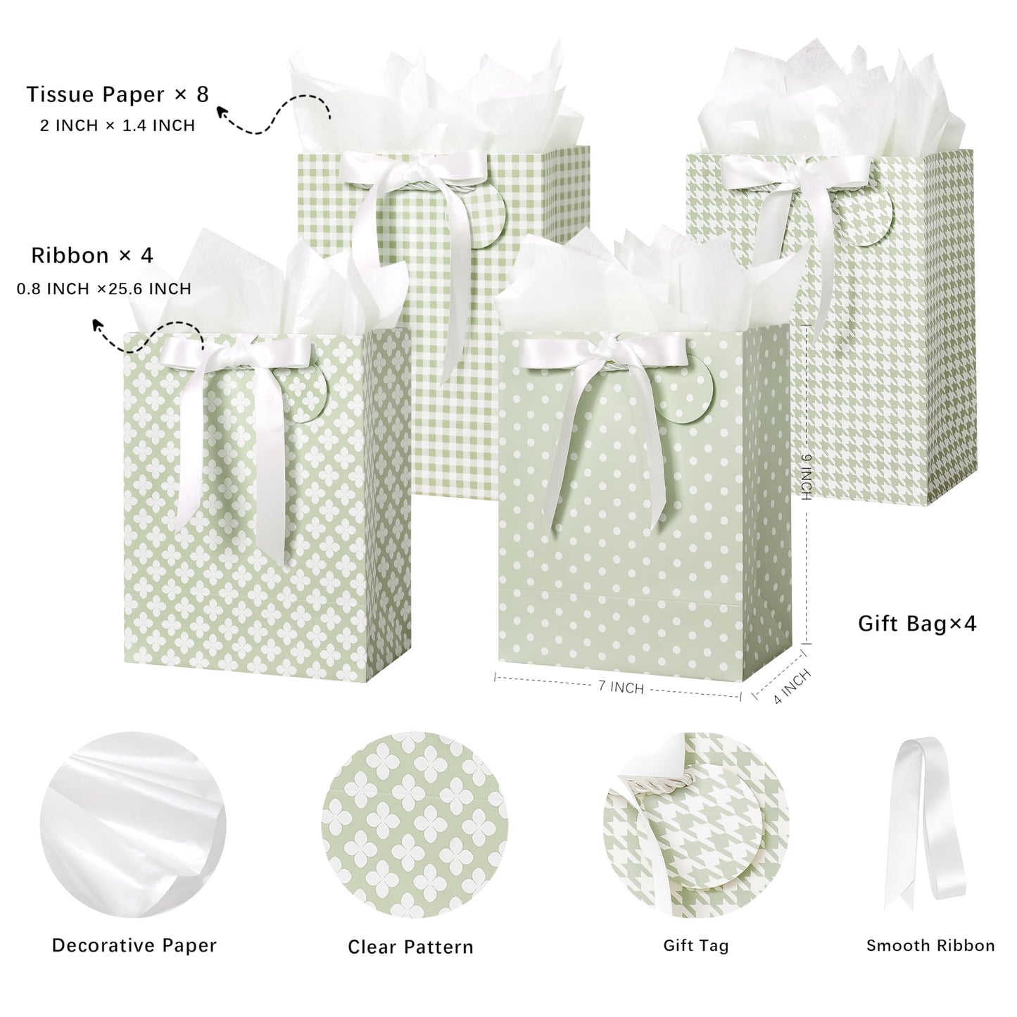 Crisky Sage Green Gift Bags Medium Size with Handles, Tissue Paper & Ribbon - 4 Pack 9"- Medium Gift Bags for Women Birthday Christmas Wedding Bridal Shower Graduation & New Year Gifts