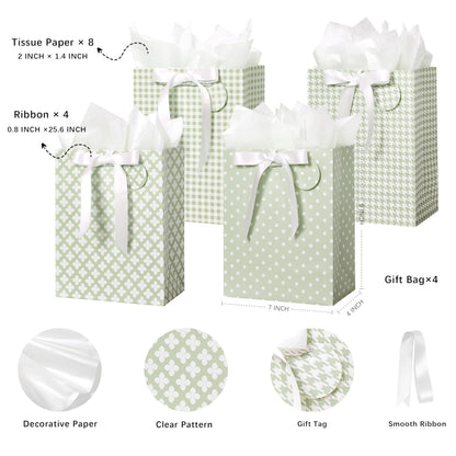 Crisky Sage Green Gift Bags Medium Size with Handles, Tissue Paper & Ribbon - 4 Pack 9"- Medium Gift Bags for Women Birthday Christmas Wedding Bridal Shower Graduation & New Year Gifts