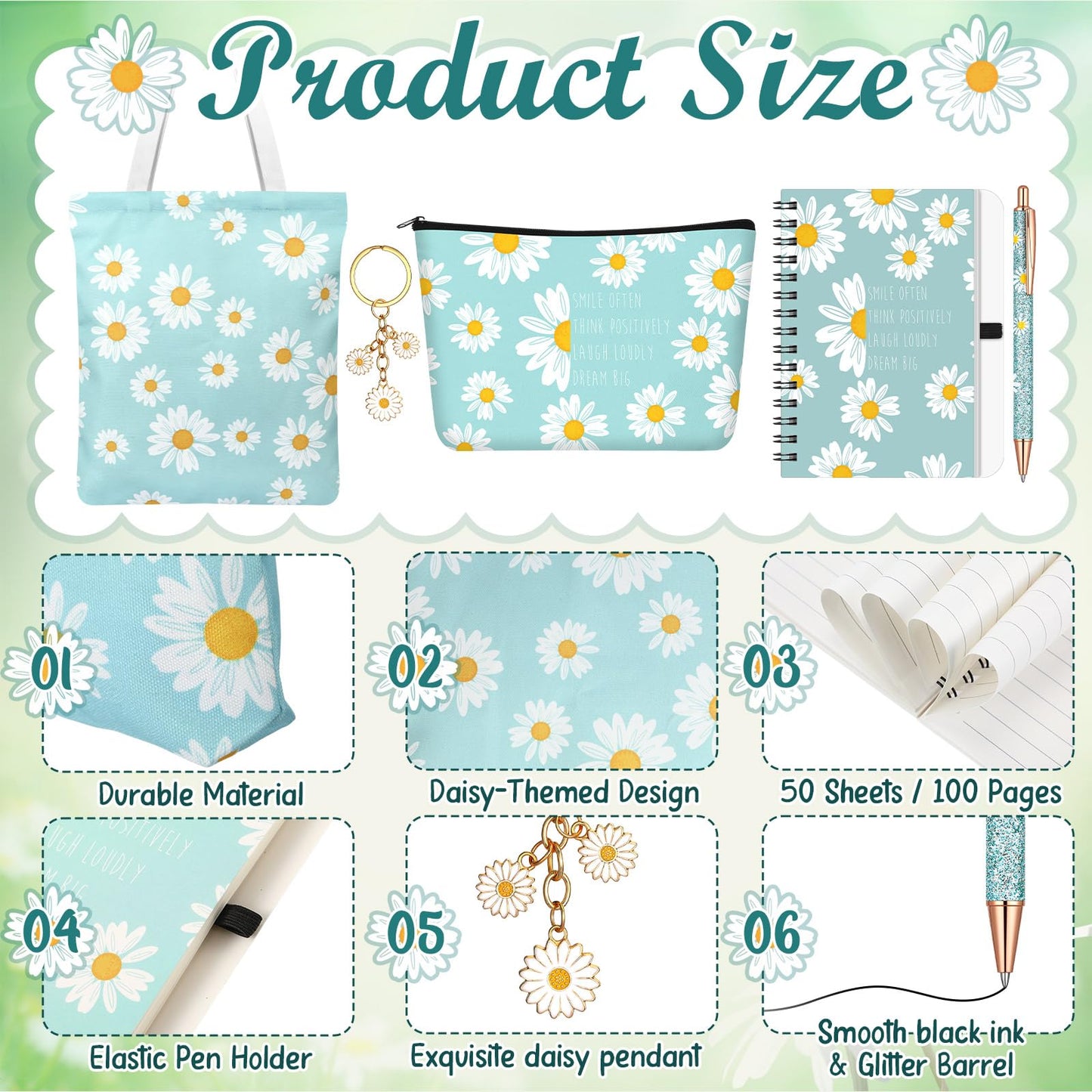 5 Pcs Cute Gifts Set for Women Include Tote Bag Cosmetic Bag Keychain Pen Notebook,Inspiring Gifts for Friendship Birthday Christmas Coworkers Family(Daisy)