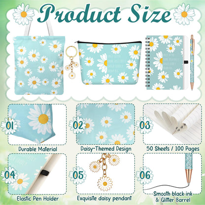 5 Pcs Cute Gifts Set for Women Include Tote Bag Cosmetic Bag Keychain Pen Notebook,Inspiring Gifts for Friendship Birthday Christmas Coworkers Family(Daisy)