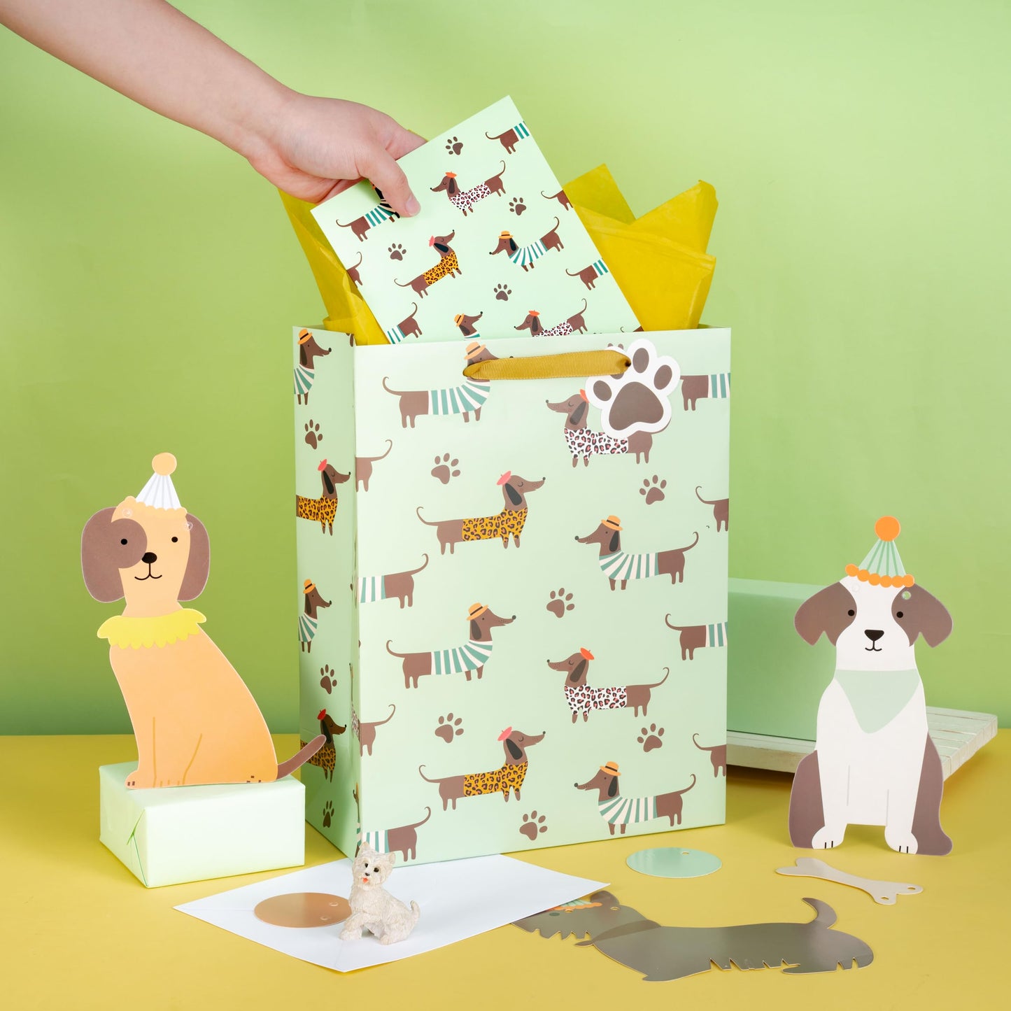 Loveinside Dachshund Gift Bag for Boys Girls, Cut Sausage Dog Dressed-Up Design with Paw Prints, Green Medium Gift Bag with Tissue Paper, Tag, Card for Birthday, Pet Party, 10" x 5" x 13", 1 Pcs