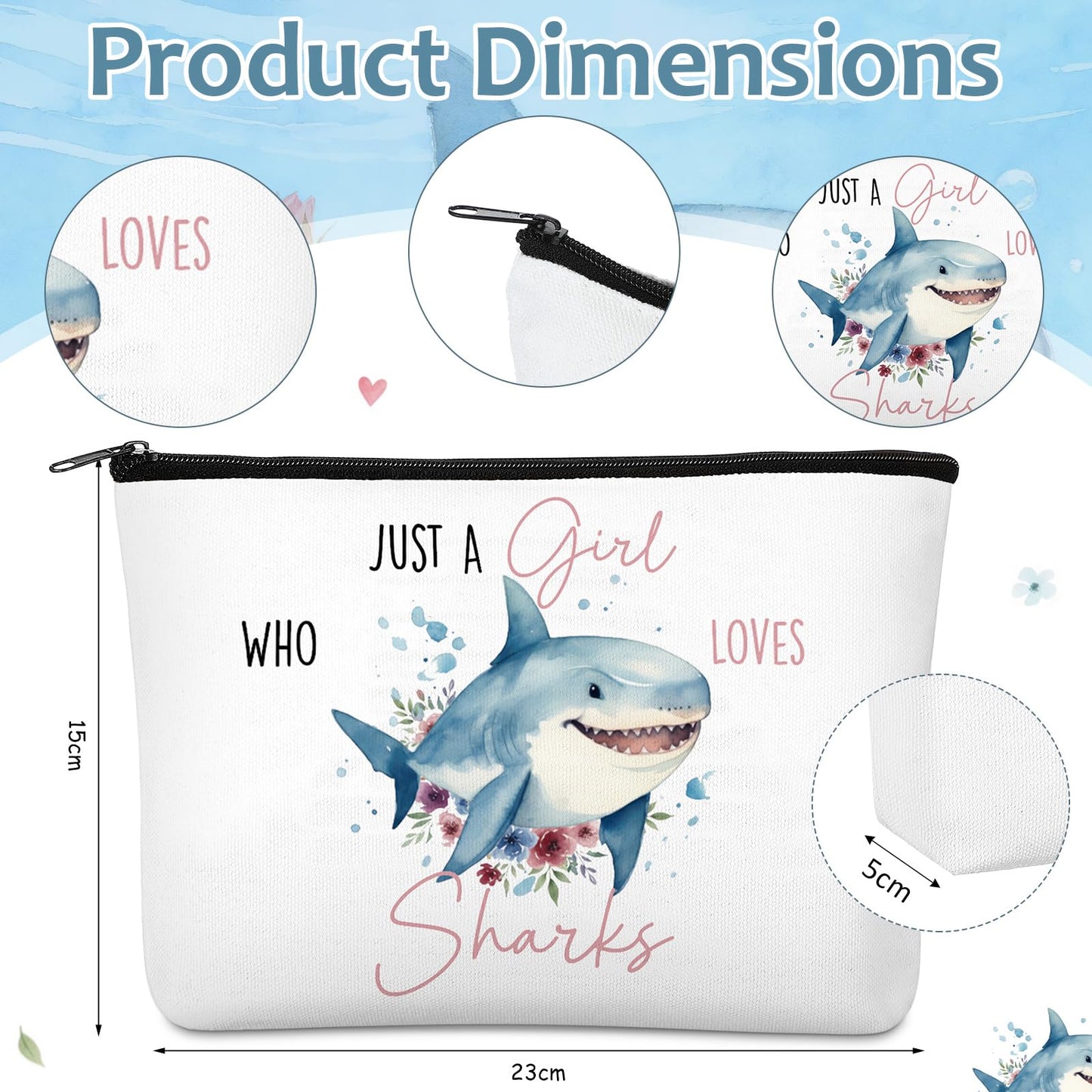 Ceenna 5 Pcs Shark Gifts for Women, Just a Girl Who Loves Shark Cosmetic Makeup Bag, Canvas Bag, A6 Spiral Notebook Lined Journal, Writing Gel Ink Pen and Funny Keychain for Girl Animal Lovers Gift