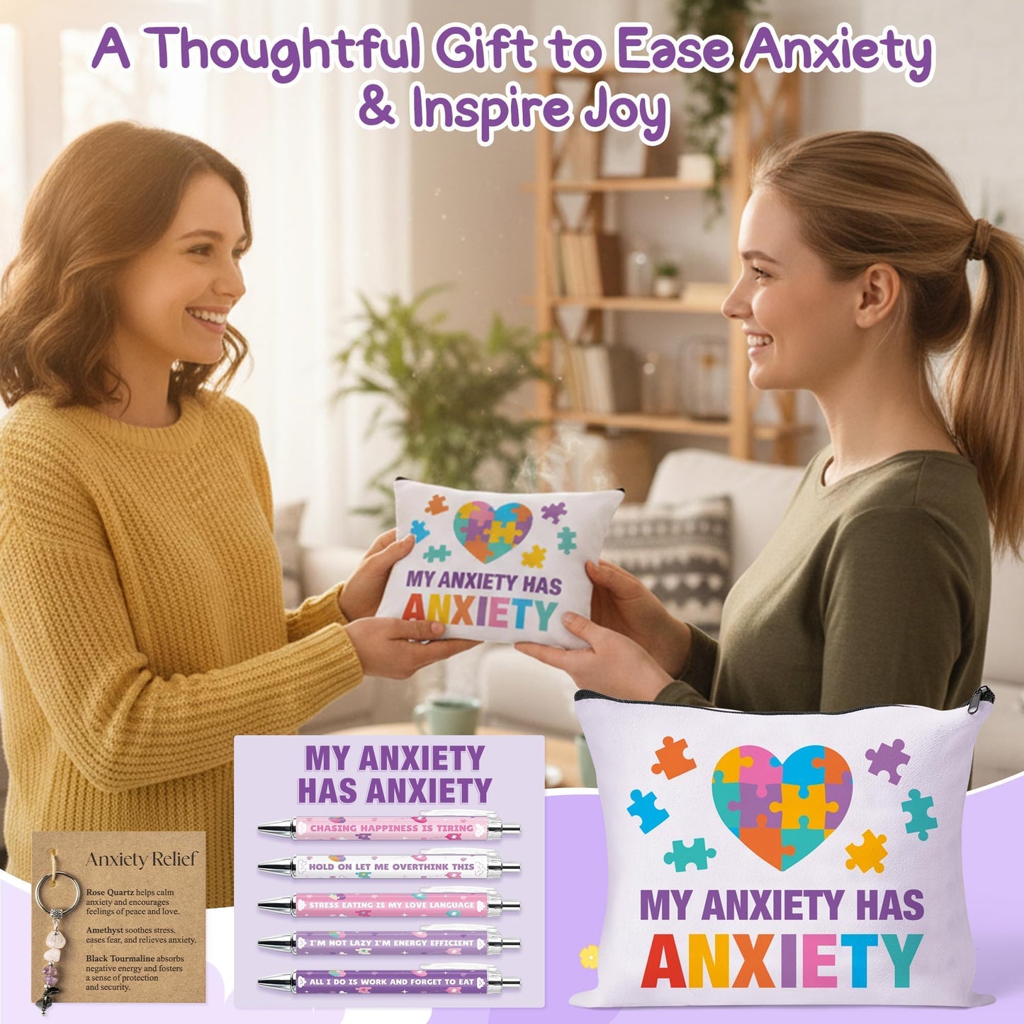 CY2SIDE Anxiety Funny Gift Set for Adult- Relief Black Ink Ballpoint Pen with Sayings for Anxiety, Canvas Makeup Bag & Crystal Keychain for Women Mental Health Month Gift for Coworker Friends Nurse