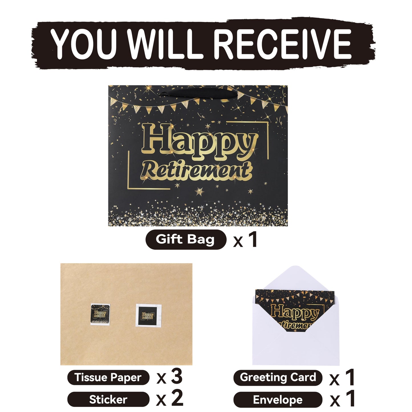 13'' Large Black Retirement Gift Bag Set with Handles, Greeting Card, Tissue Papers and Stickers for Men Women Office Coworker, Farewell Going Away Party, Happy Retirement Design, 1 Pcs