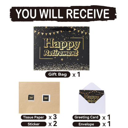 13'' Large Black Retirement Gift Bag Set with Handles, Greeting Card, Tissue Papers and Stickers for Men Women Office Coworker, Farewell Going Away Party, Happy Retirement Design, 1 Pcs
