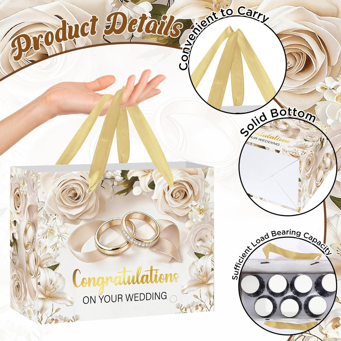 TagreSpike Wedding Gift Bag for Bride and Groom Elegant White Rose & Gold Rings Gift Wrapping Bag with Tissue Paper and Card - Congratulations Present Sack for Bridal Shower, Engagement, Marriage