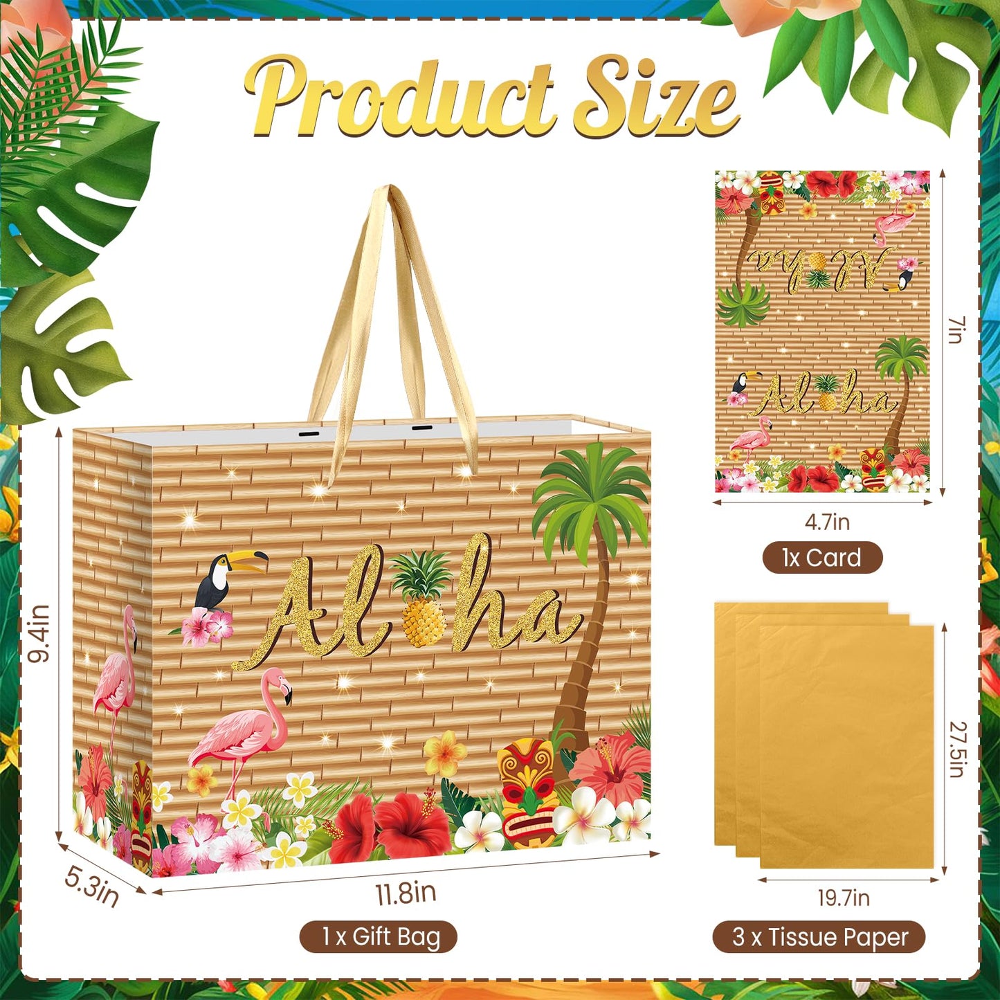 Hawaiian Gift Bag Luau Tiki Party Decorations Wood grain Hawaiian Gift Bag with Tissue Paper and Card Flamingo Beach Wrapping Bags for Tropical Summer Beach Pool Birthday Party Decorations