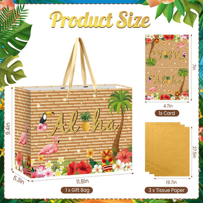 Hawaiian Gift Bag Luau Tiki Party Decorations Wood grain Hawaiian Gift Bag with Tissue Paper and Card Flamingo Beach Wrapping Bags for Tropical Summer Beach Pool Birthday Party Decorations