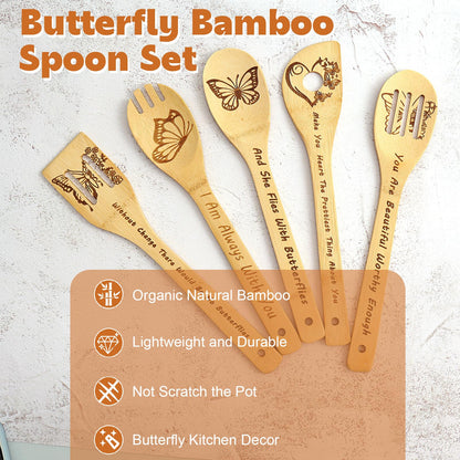 Butterfly Wooden Cooking Spoons Butterfly Kitchen Decor Butterflies Gifts for Women Funny Engraved Bamboo Butterflies Kitchen Accessories Mother Day Home Decor Wedding Lover Gifts