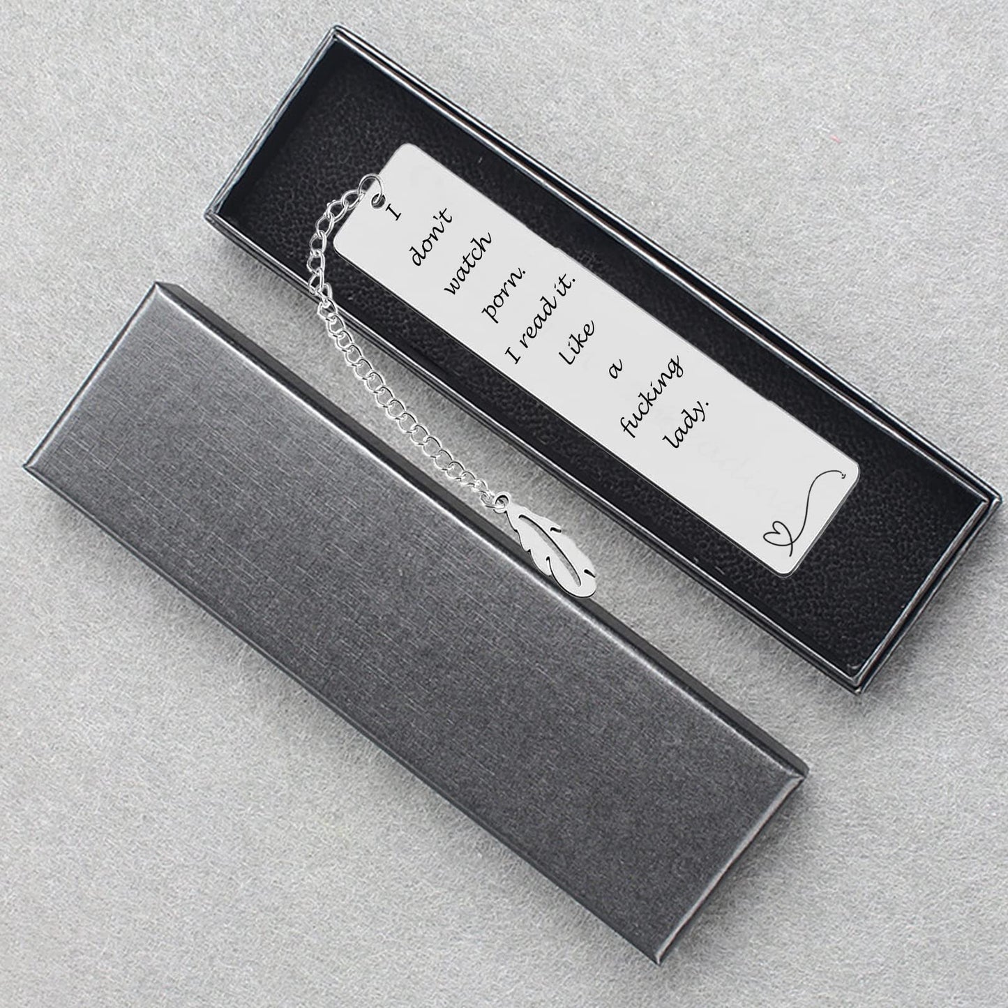 Teniinet Metal Bookmark Gift, 'I Don't Watch Porn. I Read it Like a Fking Lady' Stainless Steel Leaf Pendant Book Mark with Box for Women, Men, Friends, Teacher, Classmate, Book Lovers