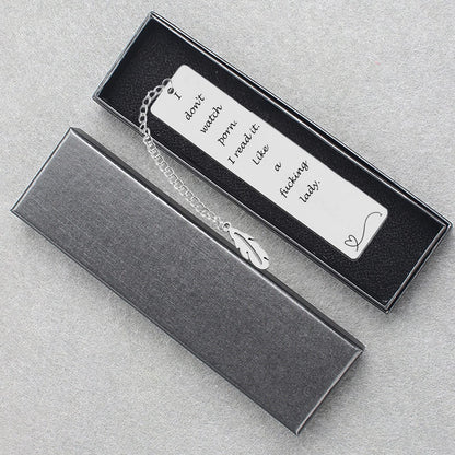 Teniinet Metal Bookmark Gift, 'I Don't Watch Porn. I Read it Like a Fking Lady' Stainless Steel Leaf Pendant Book Mark with Box for Women, Men, Friends, Teacher, Classmate, Book Lovers