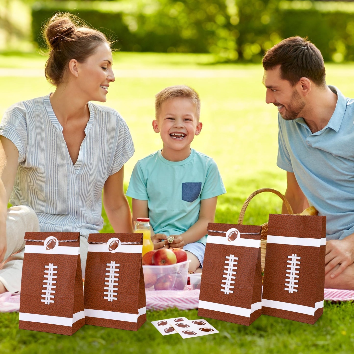 MIMIND 24 Pack Football Party Gift Bags 9.4 x 5.1 x 3.1 Inch Football Goodie Bags with Stickers Paper Treat Bag for Sports Bowl Theme Party Favors